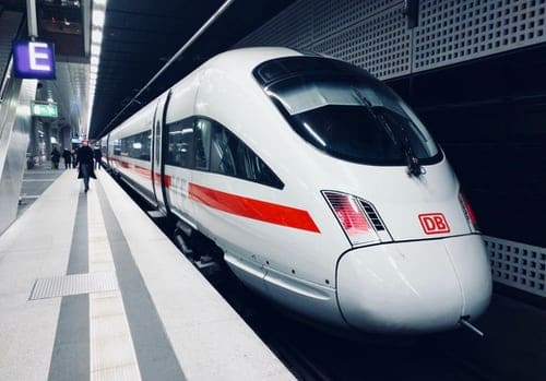 High-speed passenger train at a station platform